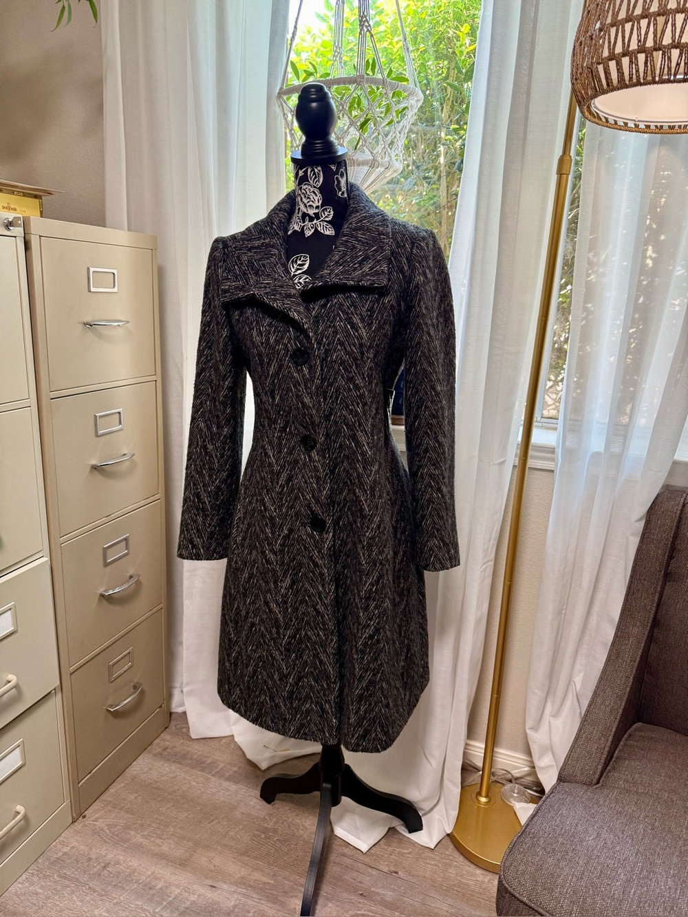 Via Spiga Black Herringbone Wool-Blend Trench Coat